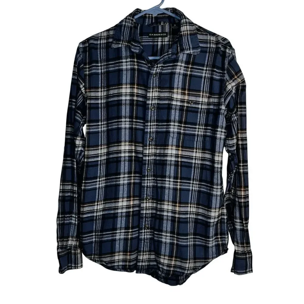 G.H. Bass & Co. Men’s Small Blue Brown White Plaid Flannel Shirt 100% Cotton